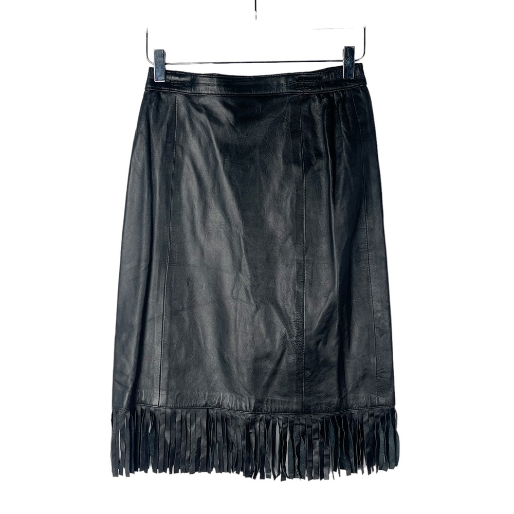 Vintage 80s Western Leather Midi Skirt High Rise Black Fringe Size 26 Back Split